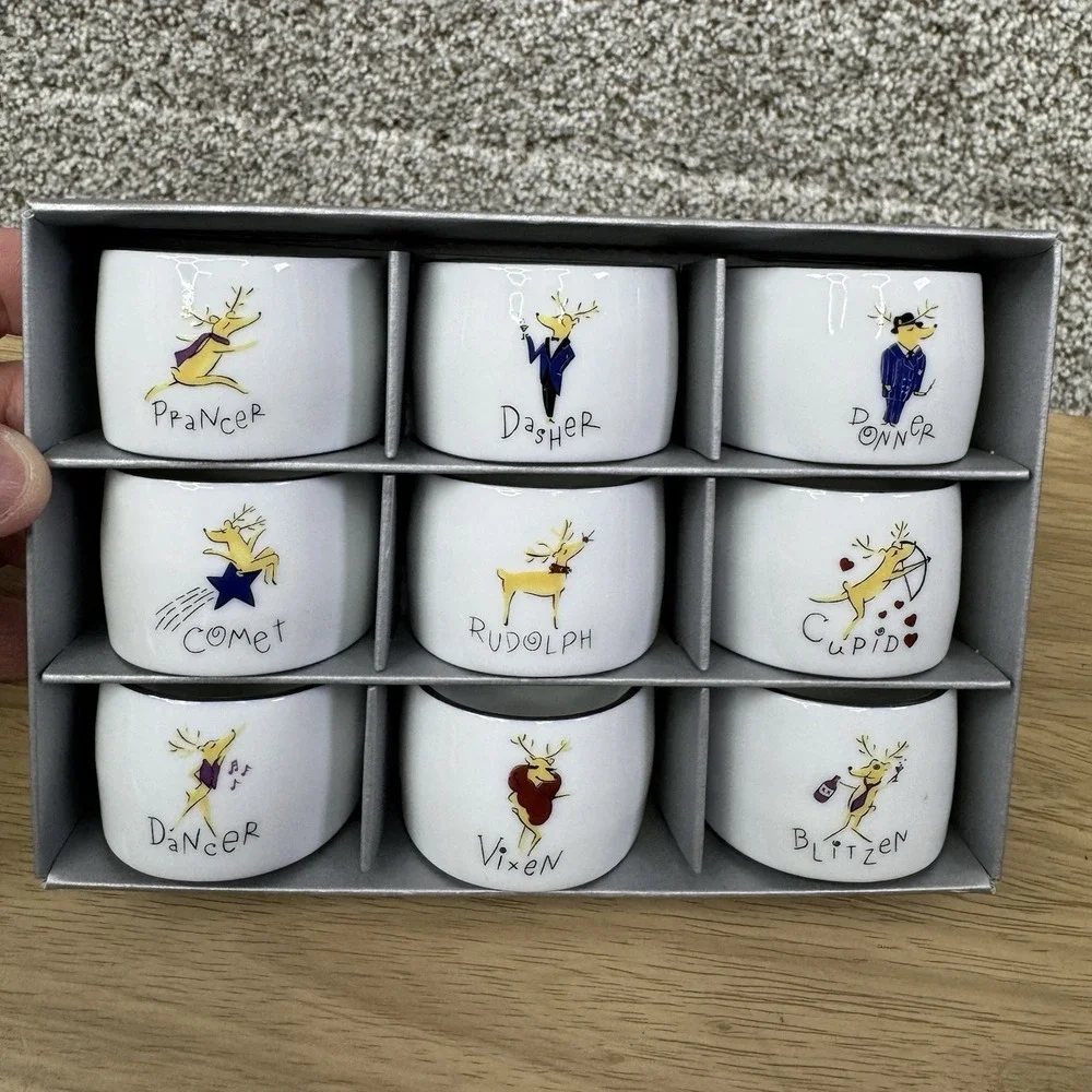 Pottery Barn Reindeer Christmas Napkin Rings‎ Set of 9 Made in Japan In Box